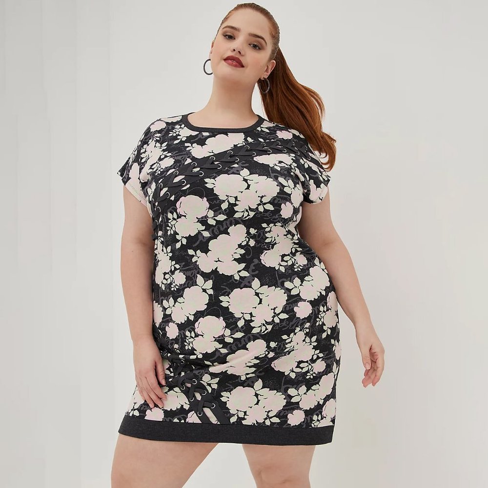 Torrid x Lovesick Lace Up Cotton Black Floral Dolman Dress, Size 2x NWT